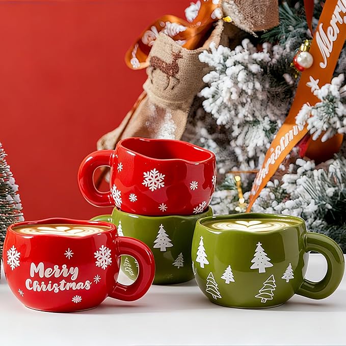 4pcs Cute Ceramic Coffee Mug, 9.4OZ Handmade Porcelain Tea Mugs, Ceramic Cup Sets for Matcha, Dishwasher & Microwave Safe, Christmas Gift(Christmas Tree)