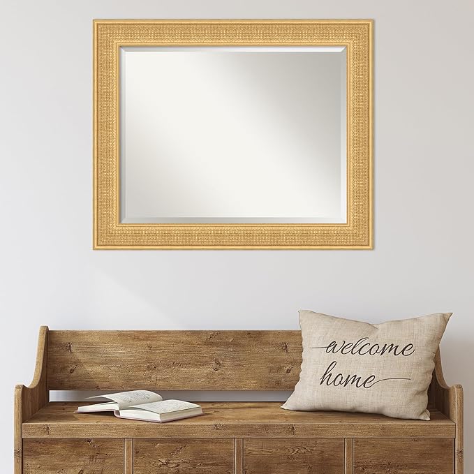Amanti Art Gold Wall Mirror 28x34 Trellis Gold Rectangle Bathroom Mirror for Wall Decor Living Room, Large Traditional Wood Frame, Hangs Horizonally and Vertically, Bathroom Decor, Beveled Edge