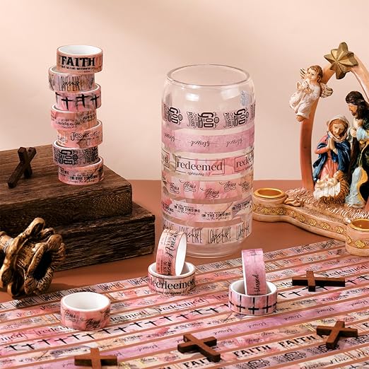 Janlaugh 24 Rolls Christian Washi Tape Gifts Bulk Religious Inspirational Scripture Supplies Bible Verse Tape for Bible Study Journaling Crafting Christmas Stocking Stuffers Gift(Pink)