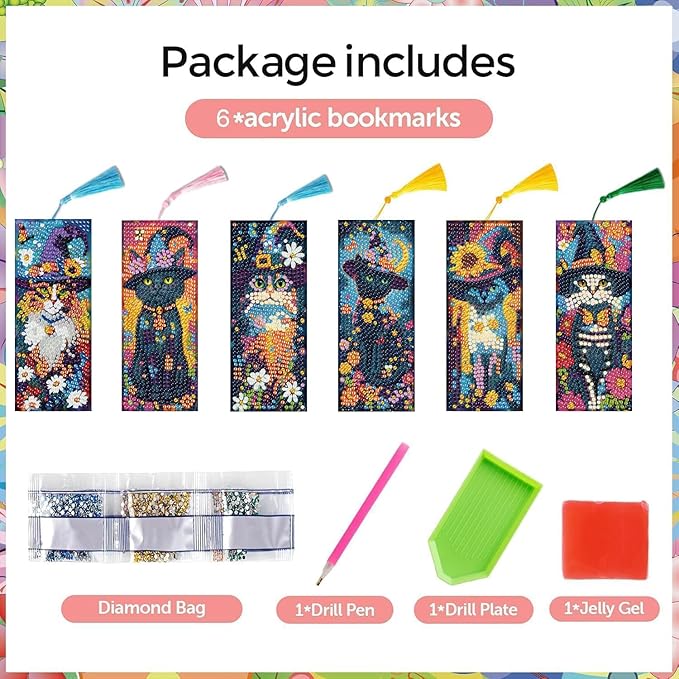 Puraikcmi 6 PCS 5D DIY Diamond Art Bookmarks Kit Cats Diamond Paintings Bookmarks Kits with Tassels Acrylic, Rhinestone Crafts Decoration Gift Set for Book Lovers Beginners & Adults