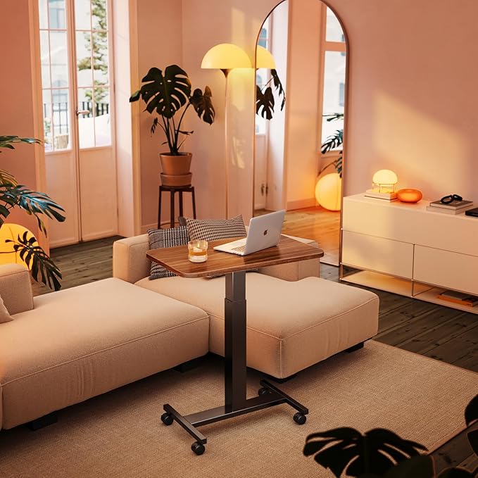 HUANUO Small Rolling Laptop Standing Desk, Height Adjustable Mobile T-Base Desk with Lockable Casters, Portable Sit-Stand Workstation for Bedside & Sofa, Walnut