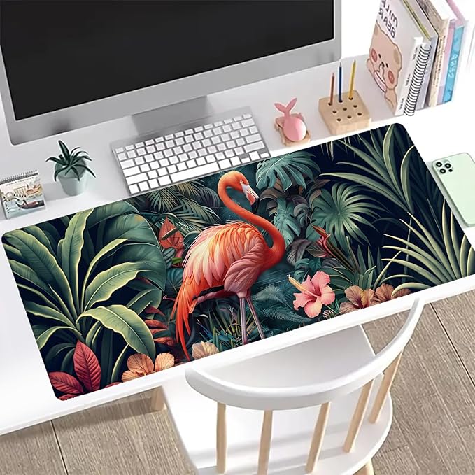 Tropical Flamingo Gaming Mouse Pad, Office Desk Mat, Anti-Slip Rubber Base Cool Aesthetic Mouse Pads for Computer Laptop Keyboard School Home Desktop Gamer Home Accessories Decor 31.5" x 11.8"