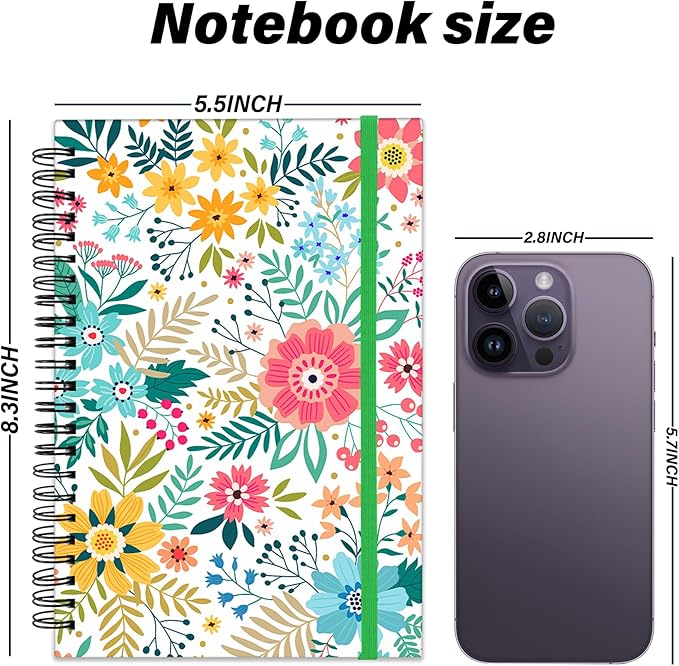 Spiral Notebook,Hardcover Journal Wide Ruled Spiral Notebook,A5 5.5 x 8.3 Inch,80GSM Thick Paper 60 Sheets 120 Pages for Girls Women School Office Aesthetic Cute-Flower