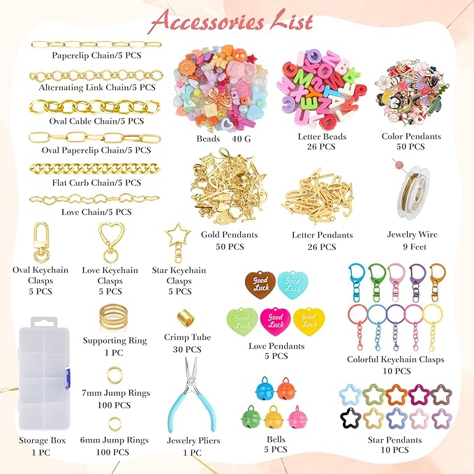 Ecoofor 451 Pcs Keychain Making Kit for Kids & Adults – Includes 25 Keychain Clips, 30 Extender Chains, 162 Charms, Beading Accessories, Jewelry Pliers – DIY Bag Charms & Jewelry Craft Kit Supplies