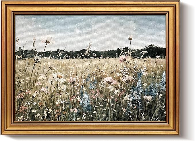 Bzstyleart Vintage Wall Art Decor for Living Room, Framed Landscape Wall Art Bedroom, Meadow with Flowers,Vintage Room Decor,Paintings for Bedroom,12 x 16 Inch