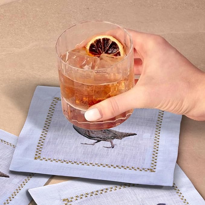 Cocktail Napkins Set of 6, 6x6 inch, 100% Linen, Printed Animal Pattern, Reusable & Washable Cloth Coasters for Beverages, Hosting, Gifting & Everyday Use (Pheasant & Ptarmigan)