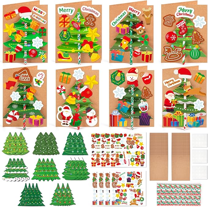 Seagoodbye 28Sets Christmas Crafts Card Making Kit DIY 3D Xmas Trees Greeting Cards Arts and Craft Holiday Party Favors Classroom Activities Supplies