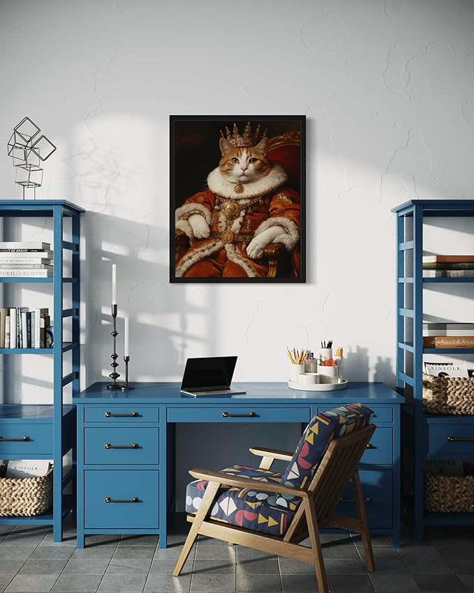 King Cat Portrait Art Poster Print, Cat Kitten Painting Humor Portrait Pet Artwork Decor Gallery A8 (King, 16 x 20 inches, Black Frame)