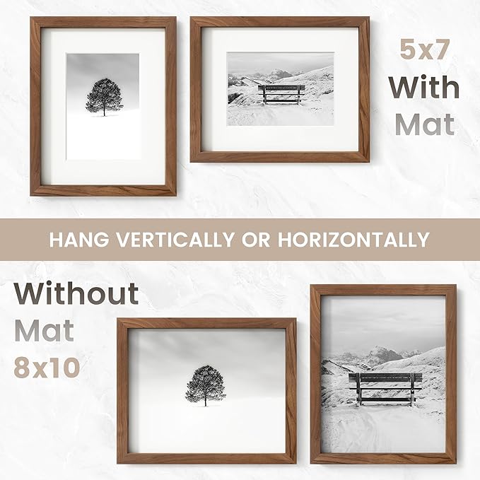 8x10 Picture Frame Set of 3, USA-Sourced Natural Walnut Wood Photo Collage Frame with HD Tempered Glass, Modern Simple 8 x 10 Wooden Frame Matted to 5x7 Gallery Frames for Art Wall or Tabletop Display