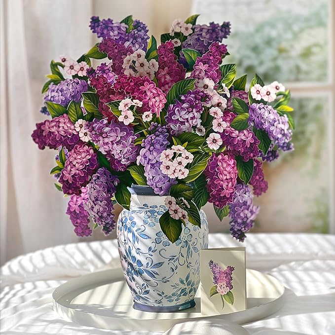 Freshcut Paper Pop Up Cards, Grande Garden Lilacs, 18 Inch Life Sized Forever Flower Bouquet 3D Popup Greeting Card, Birthday Cards, Thank You Card, Blank Notecard & Envelope