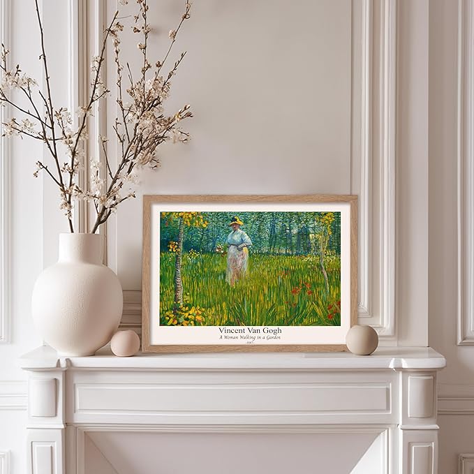 Monem Art Vintage Van Gogh Poster - Retro A Woman Walking In A Garden Print - Impressionism Art - Fine Art - Classic Painting Art - Floral Art - Bedroom or Office Decor - 11x14 Beige Framed