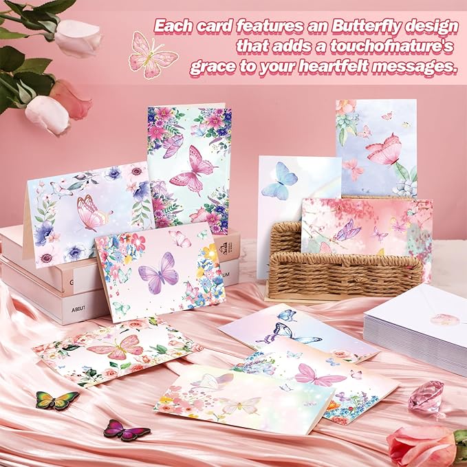 50 Pcs Blank Greeting Cards 4x6, Butterfly Design Blank Cards with Envelopes, 10 Designs, Ideal Stationary Set for All Occasions, Stationary with Matching White Envelopes and Stickers