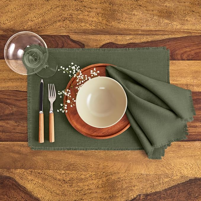 Solino Home Linen Fringe Cloth Placemats Set of 4-100% Pure Linen Desert Green Placemats 14 x 19 Inch for Winter, St Patricks Day