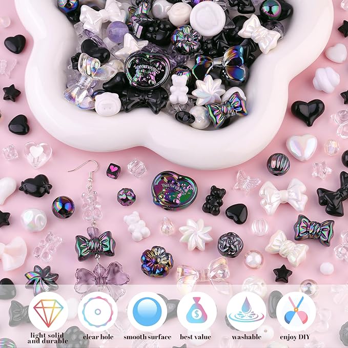 200-260PCS TINKRSTUFF Assorted Acrylic Beads Black Cute Beads for Bracelet Making, Flower Bow Butterfly GummyBear Kawaii Charms, Aesthetic Bead for Necklace Keychain Jewelry Making DIY Phone Charm