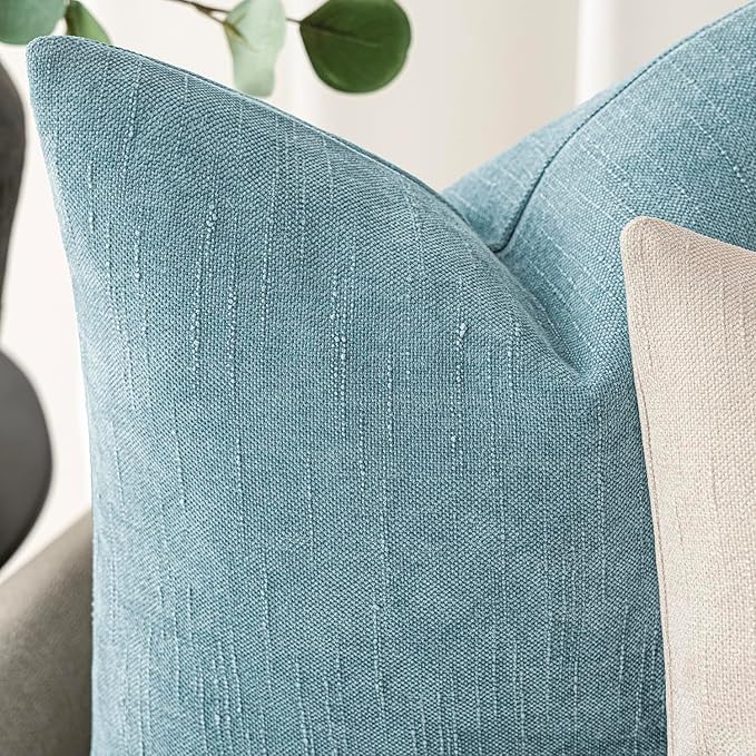 Foindtower Pack of 2 Textured Chenille Throw Decorative Pillow Covers Square Accent Solid Cushion Cover Neutral Farmhouse Pillow Case for Couch Sofa Bedroom Living Room 18x18 Inch,Light Blue
