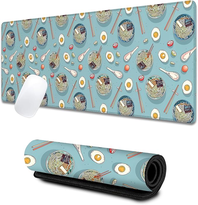 Ramen Large Gaming Desk Mat,Rubber Non-Slip Fun Food Noodle Bowl Chopstick Mouse Pad,31.5x11.8x0.12in Extended Asian Cuisine Mousepad,Game Lover Mice Pads Gifts,Office Home Deskmat Decor