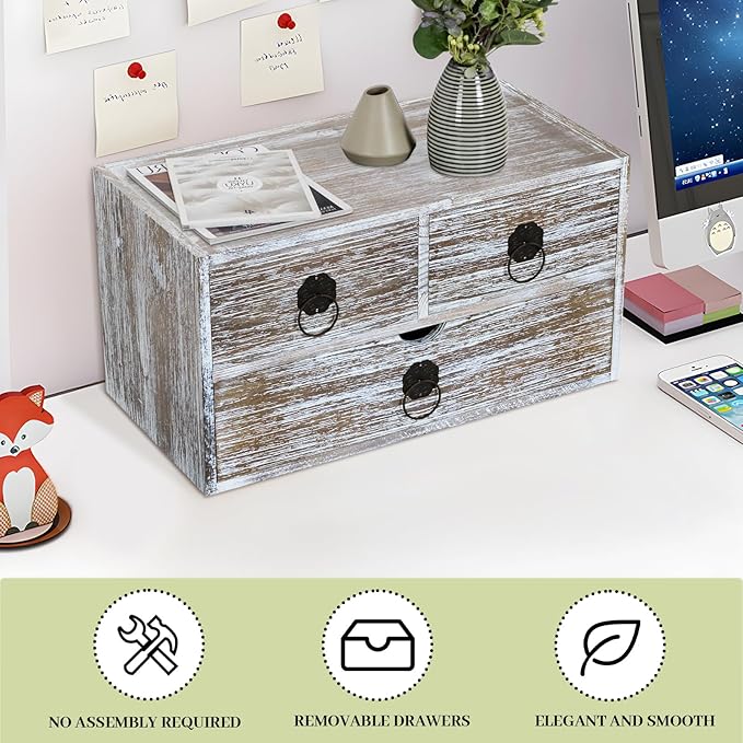Washed Brown Wood Desk Organizer, Desktop Organizer with Drawers, Mini Tabletop Storage Organization Container for Home Office Supplies, No Assembly Required (3 Drawer)