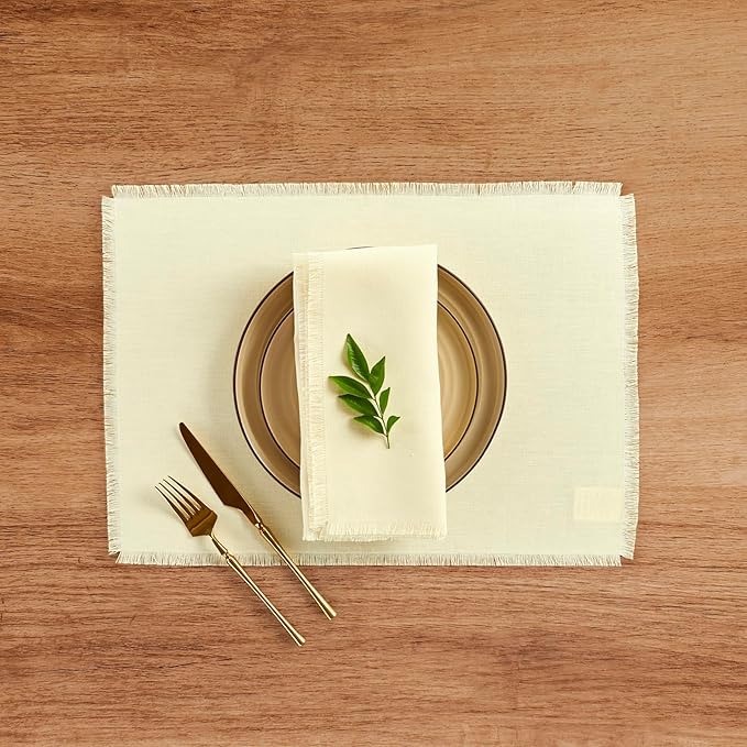Solino Home Fringe Linen Napkins Set of 4-100% Pure Linen Creamy Ivory Dinner Napkins 20 x 20 Inch for Spring, Easter - Handcrafted and Machine Washable