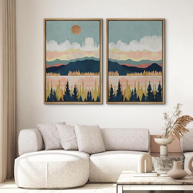 SIGNWIN Framed Canvas Print Wall Art Set Pastel Pink Blue Geometric Mountain Landscape Nature Wilderness Illustrations Scenic Colorful for Living Room, Bedroom, Office - 16"x24"x2 Natural