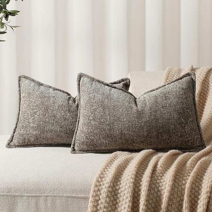 Pack of 2 Grey Decorative Throw Pillow Covers 12x20 Cozy Soft Chenille Accent Vintage Rectangular Lumbar Couch Pillow Covers for Home Decor Bed Sofa Living Room
