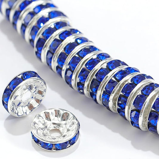 100Pcs Rondelle Spacer Beads Round Crystal Charms Czech Rhinestone Silver Plated Spacer Loose Beads for DIY Bracelet Necklace Jewelry Making Supplies (10MM, Royal Blue)