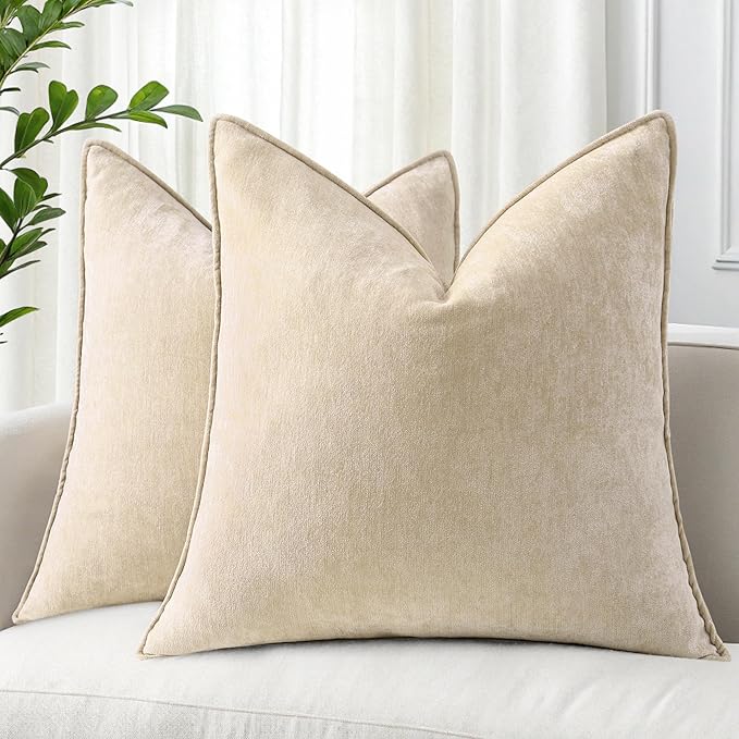 decorUhome Spring Couch Throw Pillow Covers 16x16 Set of 2, Decorative Soft Velvet Neutral Chenille Pillow Covers with Elegant Design for Sofa Bed Living Room Home Decor, Beige