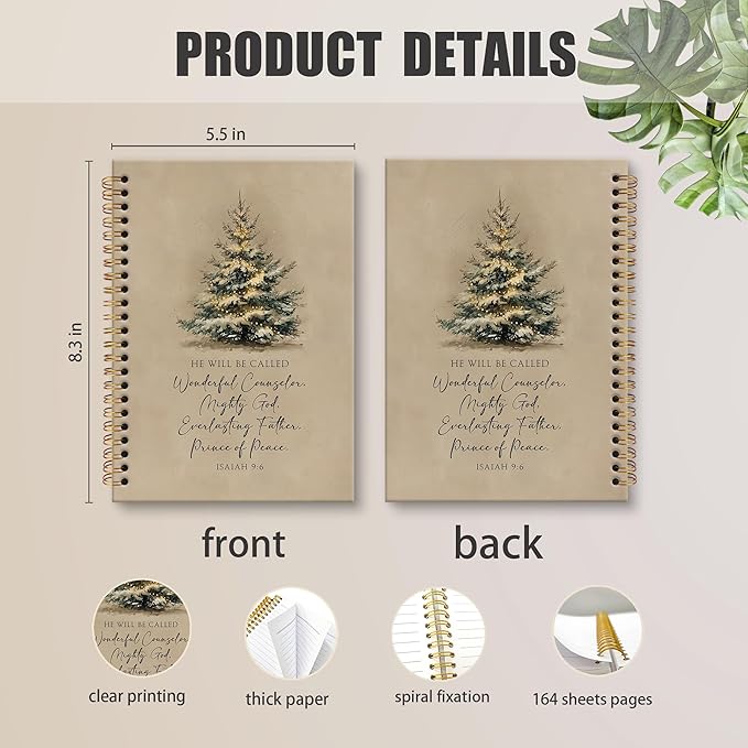 XNXLDYLH Vintage Christian Christmas Tree Notebook Journal, Isaiah 9:6 Church Spiral Notebook, Bible Study Prayer Journals Notebooks, Christmas Christian Office School Supplies Gifts, 5.5x8.3 Inch