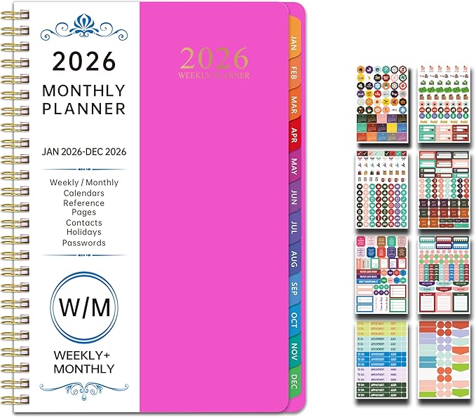 2026 Planner, Weekly and Monthly Planner, January 2026 - December 2026, Calendar Planner A5 (6.5" x 8.5") with Tabs With 8 stickers, Inner Pocket for Home School Office Supplies (Red)