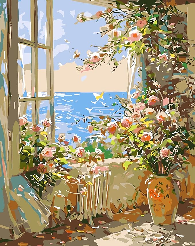 GXGLLPZBY Window Flower Paint by Numbers Kit for Adults Beginner,DIY Window Flower Paint by Numbers for Adults,Easy Canvas Paint by Number Without Frame Home Wall Decor 16 x 20 in