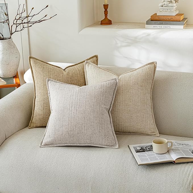 a moment Linen Pillow Covers Set of 2,Boho Farmhouse Throw Pillowcases Neutral Textured Decorative Covers for Couch Sofa,Soft Linen Blend Accent Case Cushion Living Room Home Decor 22"x22"Ivory