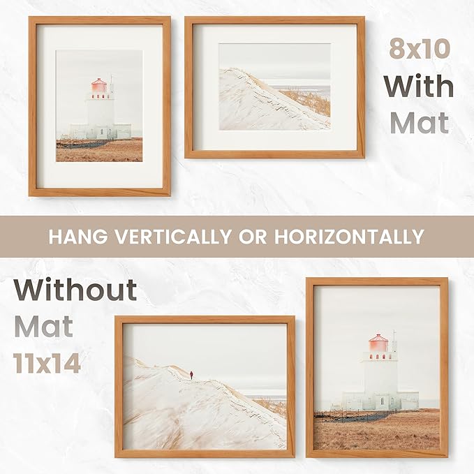 11x14 Picture Frame Set of 3, USA-Sourced Natural Cherry Wood Photo Collage Frame with HD Tempered Glass, Modern Simple 11 x 14 Wooden Frame Matted to 8x10, Vertical & Horizontal Wall Hanging Display