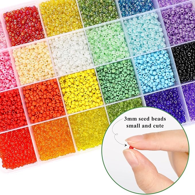 DICOBD 12000pcs 3mm Glass Seed Beads for Bracelets Making Kit with Letter Alphabet Beads, Friendship Bracelet Kits 8/0 Craft Bead for Jewelry Making Necklaces and Key Chains with 2 Rolls of Cord