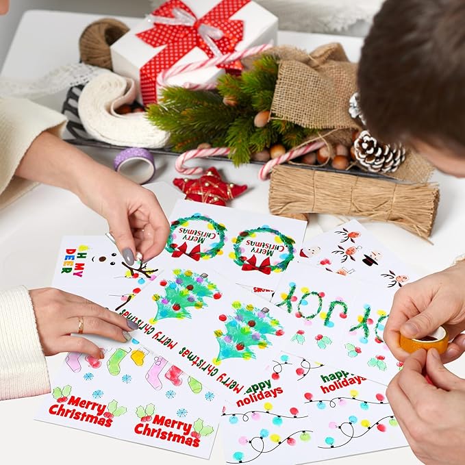 48 Sets Christmas Cards Making Crafts Kits 4 x 6 Inch DIY Thumbprint Christmas Crafts with Ink Pad Fingerprint Make Your Own Folded Greeting Card Making Kit for Xmas Gifts Fun Home Activity