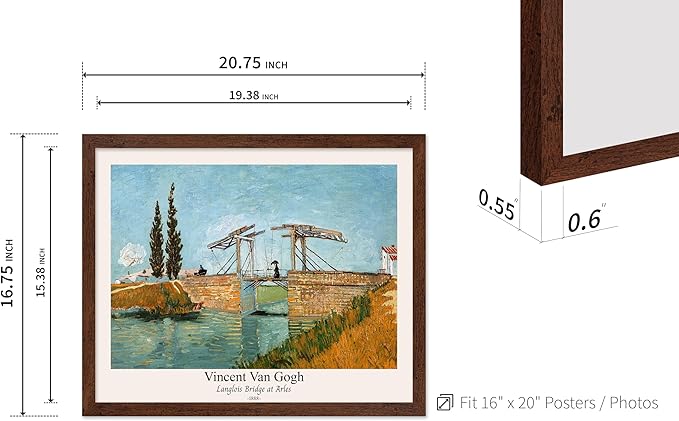 Monem Art Vintage Van Gogh Poster - Retro Langlois Bridge at Arles Print - Impressionism Art - Landscape Art - Fine Art - Classic Painting Art - Bedroom or Office Decor - 16x20 Brown Framed