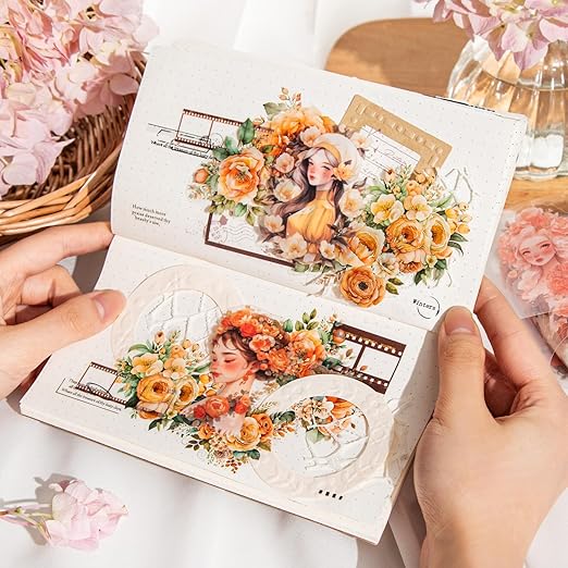 6 Pcs Flower Girl Scrapbook Tapes, Pre-Cut PET Tapes Aesthetic Stickers for Journaling, Scrapbook Supplies, and Ephemera, with Decorative Clip