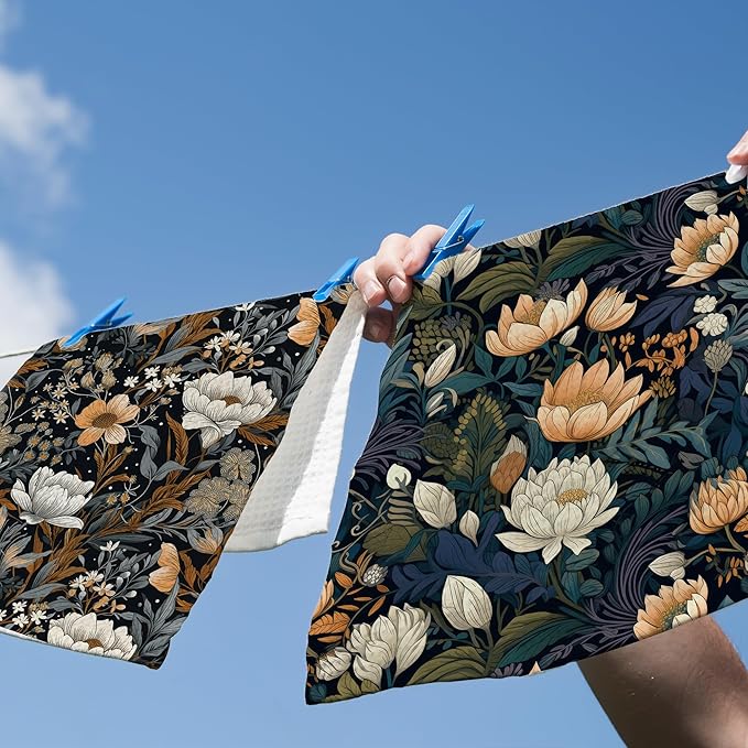 Retro Boho Floral Decor Kitchen Dish Towels Set of 2, Vintage Bohemian Flower Decor for Kitchen Bathroom, Botanical Black Landscape Hand Towels Tea Towels Farmhouse Decorations, 16x24inch