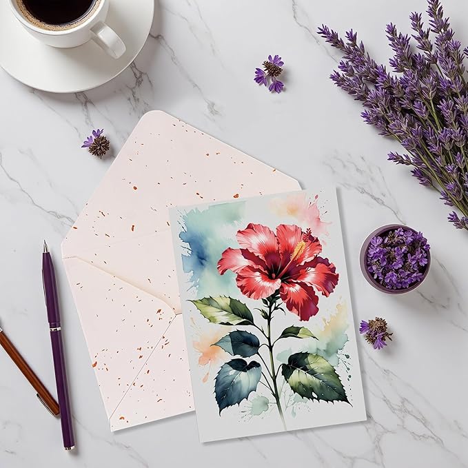 Elegant Blank Inside Greeting Card with Envelope, 5x7 Inch Watercolor Hibiscus Card – All Occasion, Birthday, Sympathy, Thank You - Single Card