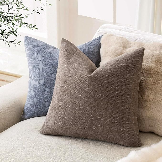 Foindtower Pack of 2 Soft Textured Chenille Throw Decorative Pillow Covers Square Accent Solid Cushion Cover Cozy Farmhouse Pillow Case with Zipper for Couch Sofa Bedroom Living Room 16x16 Inch, Taupe