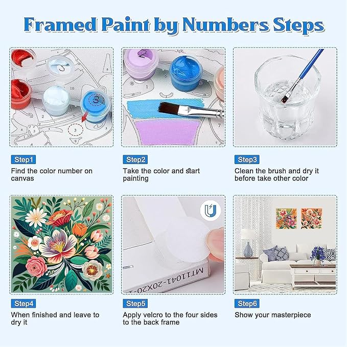 4 Pack Paint by Numbers for Beginner with Frame,Flowers Adult Paint by Number Kits on Canvas, DIY Number Painting for Adults for Decor 8X 8 inch