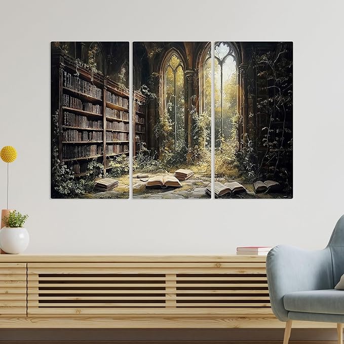 RileyCraftley Fantasy Library Canvas Wall Art Magical Book Room Print Vintage Bookshelf Painting Enchanted Library Decor