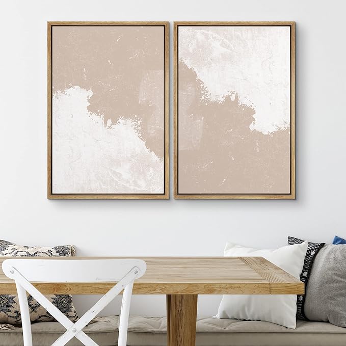 SIGNWIN Framed Canvas Print Wall Art Set Grunge Pastel Paint Stroke Landscape Abstract Shapes Illustrations Modern Art Minimal Decorative Nordic for Living Room, Bedroom, Office - 24"x36"x2 Natural