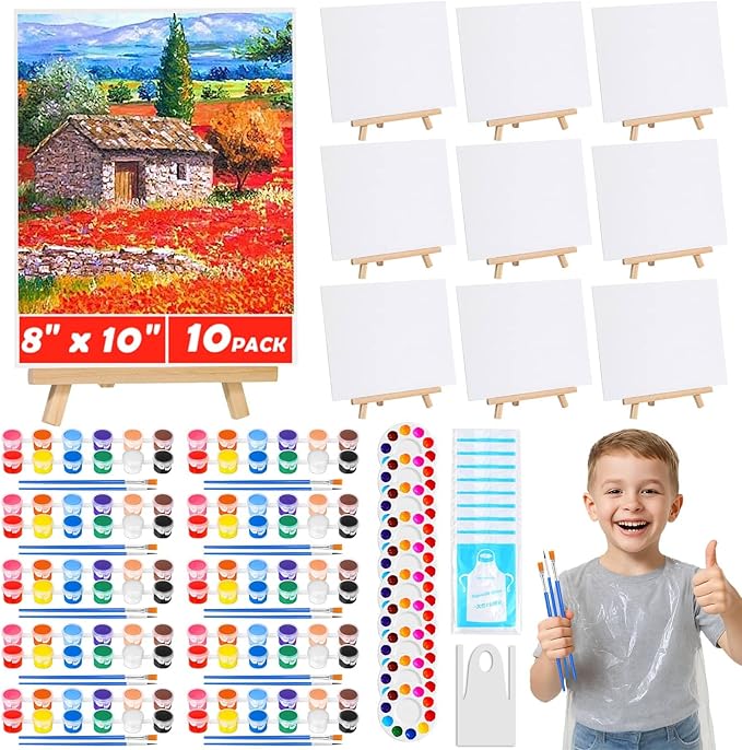 10Pack 8x10 Inch Canvas and Easel Set, Art Canvas Boards Bulk with Easel Stand, Mini Acrylic Paint & Brushes Set, Paint Trays, Sip and Paint Kit for Adults Kids Couples Day Night Paint Party