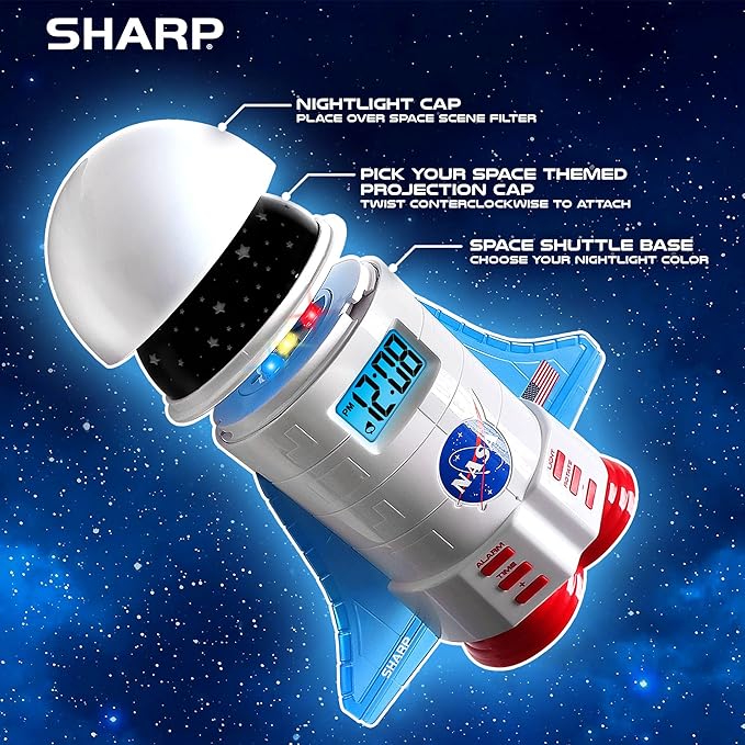 Sharp NASA Space Shuttle Night Light Alarm Clock – Wings and Booster Lights Up – Space Design Nightlight Fun with 4 Color Options and 2 Space Themes for Bedroom, Great Gift!