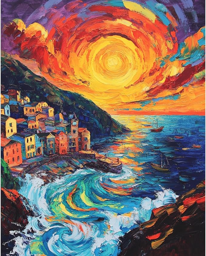 Sunset Paint by Numbers Kit for Adults Beginner Cinque Terre Italy Oil Painting Kit Adult Paint by Number Kits on Canvas DIY Painting for Beginners Art by Numbers for Gifts Home Wall Decor 16x20 Inch﻿