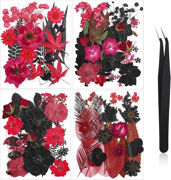 Nuanchu Black Red Dried Pressed Flowers for Crafts Christmas Dried Flowers Real Natural Pressed Wildflowers with Tweezer for Resin Mold Scrapbooking Nail Soap Candle Card Making Cake DIY Art Jewelry