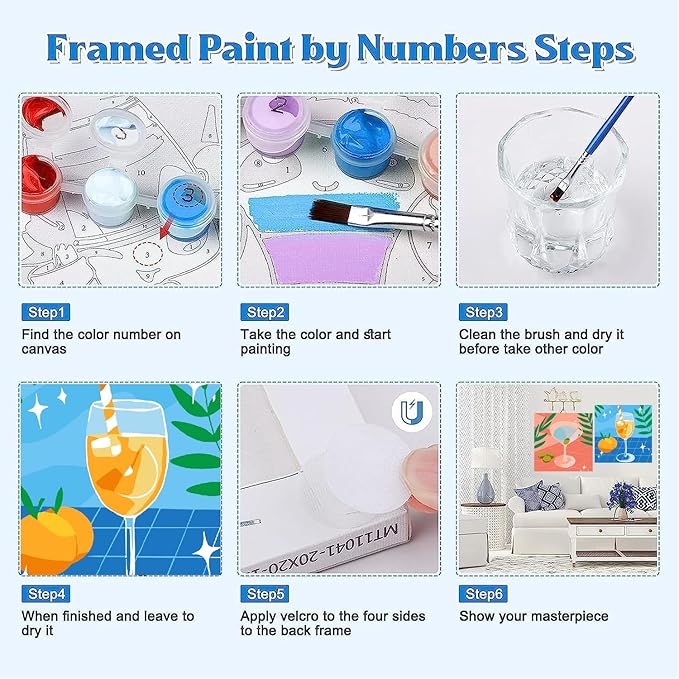 Canrichshop 4 Framed Vintage DIY Paint by Numbers Kit for Adults Beginner,Retro Cocktail Easy Painting by Number with Canvas,Acrylic Paint Kit Arts and Crafts for Adults for Decor 8x8inch