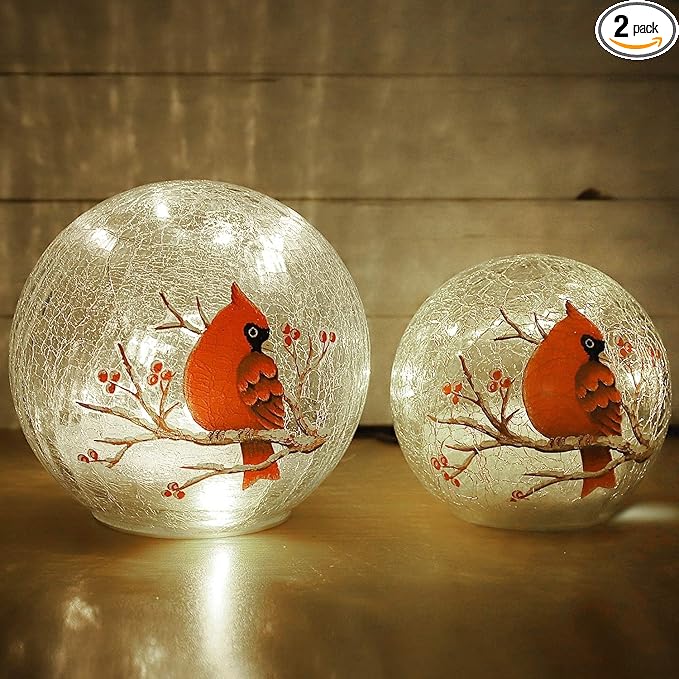 Crackle Glass Ball Cardinal Lamp with Timer, Light Up Red Cardinal Stained Glass Christmas Decor Accent Lamp, Lighted Red Bird Globe Glass Table Lamp, Orb Cardinal Night Light 2 Pack (6in & 5 in)
