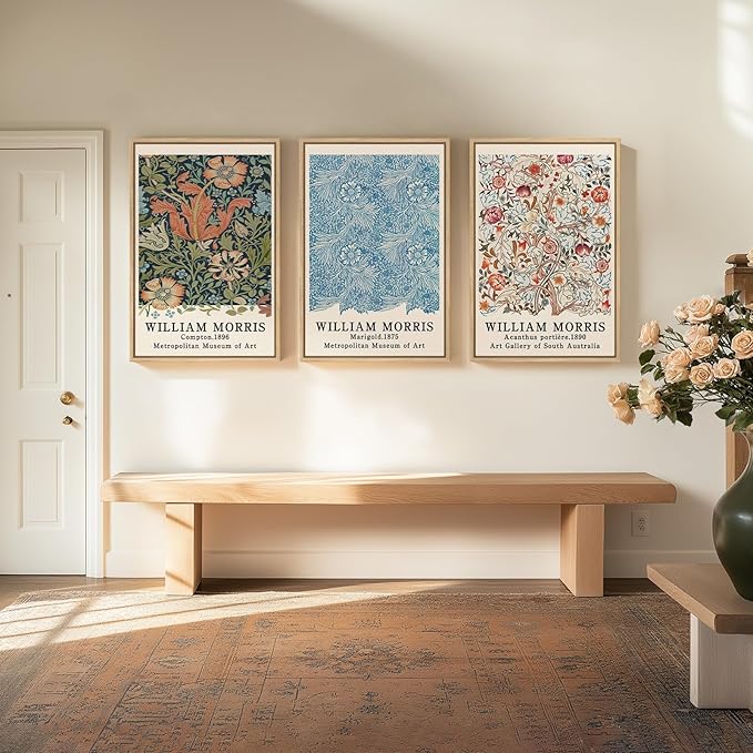 Framed Large William Morris Wall Art, Set of 3 Vintage Colorful Floral Canvas Prints Wall Art Decor, Aesthetic Botanical Painting for Living Room, Bedroom, Hallway, or Office Decor, Total Size 30x60