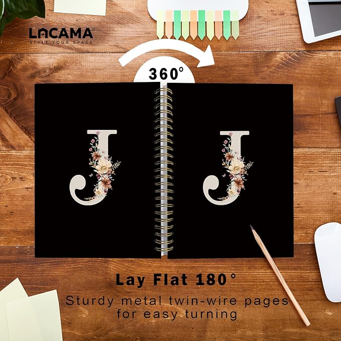 Lacama Black Initial Letter J School Notebook Journal, Cute Wildflower Personalized Spiral Notebook, School Supplies, Customized Monogrammed Gifts, Birthday Gifts for Women, Office Supplies