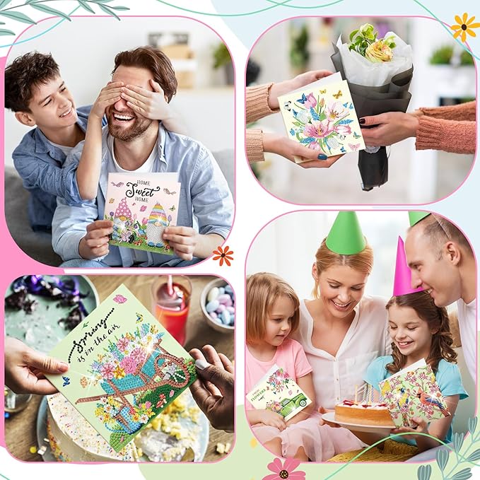 Saillong 12 Pack Spring Diamond Painting Greeting Card Kits Easter Diamond Art Cards with Envelopes Gnome Tulips Flowers 5d Rhinestones Painting Kits for Adults DIY Crafts Family Friend Spring Gifts